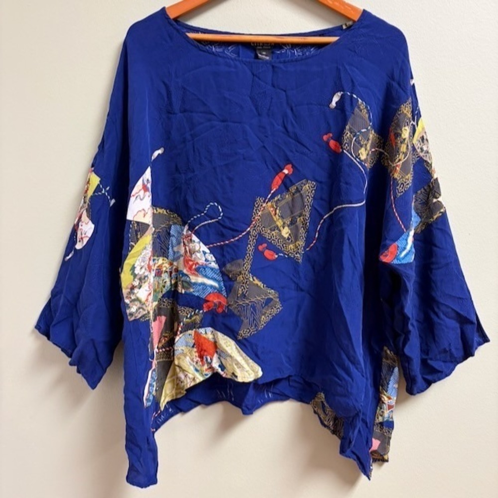 Citron Santa Monica Silk Top Size 0X Flowy Artsy Boho Hippie Boxy Asian Design